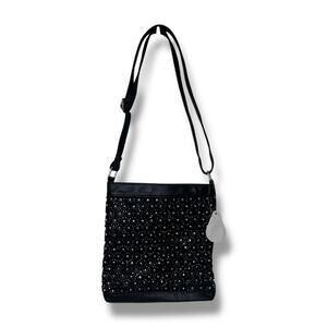 New Faux Leather Crossbody Bag Purse Rhinestones Cutouts Black Small Zip Pockets